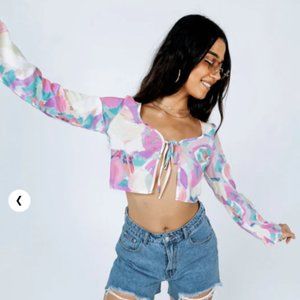 Princess Polly Multi Colored Long Sleeve Cropped Tie Front Top
